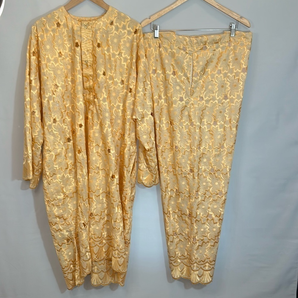 Men Traditional Lace Material African Ethic 2 Piece Set Suit Kaftan Shirt Pants